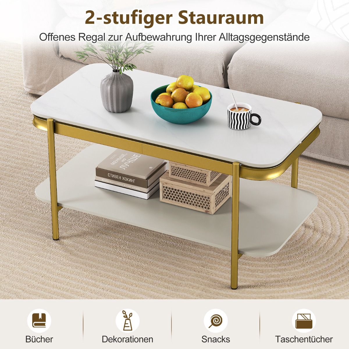 Modern White Coffee Table with Sintered Stone Top, Storage