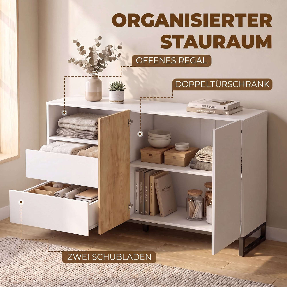 Modern White Sideboard with Soft-Close Doors, 140x40x85 cm