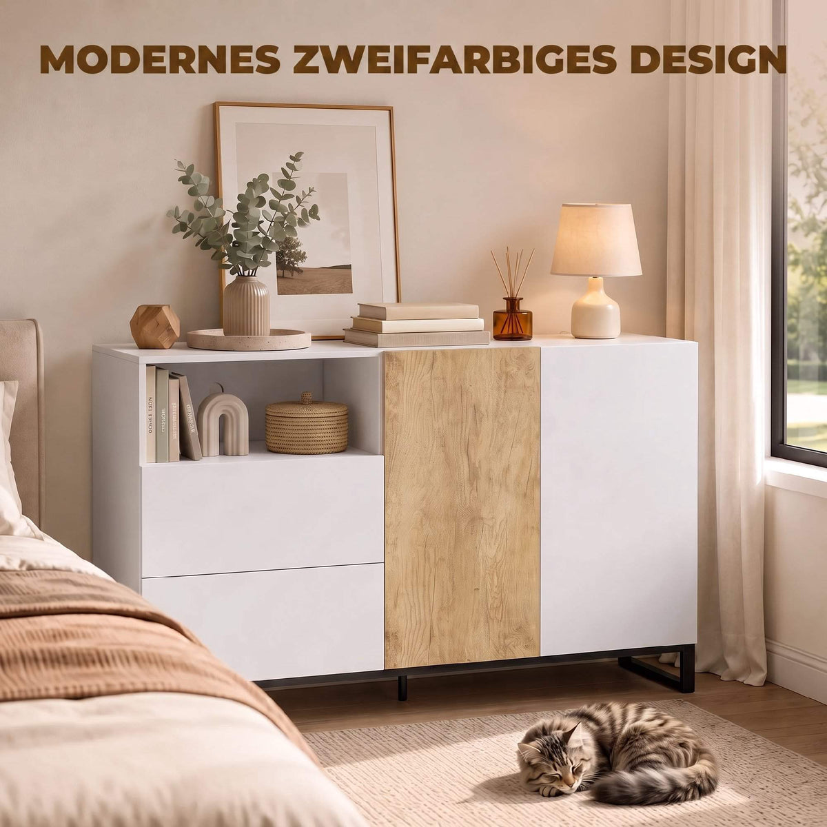 Modern White Sideboard with Soft-Close Doors, 140x40x85 cm