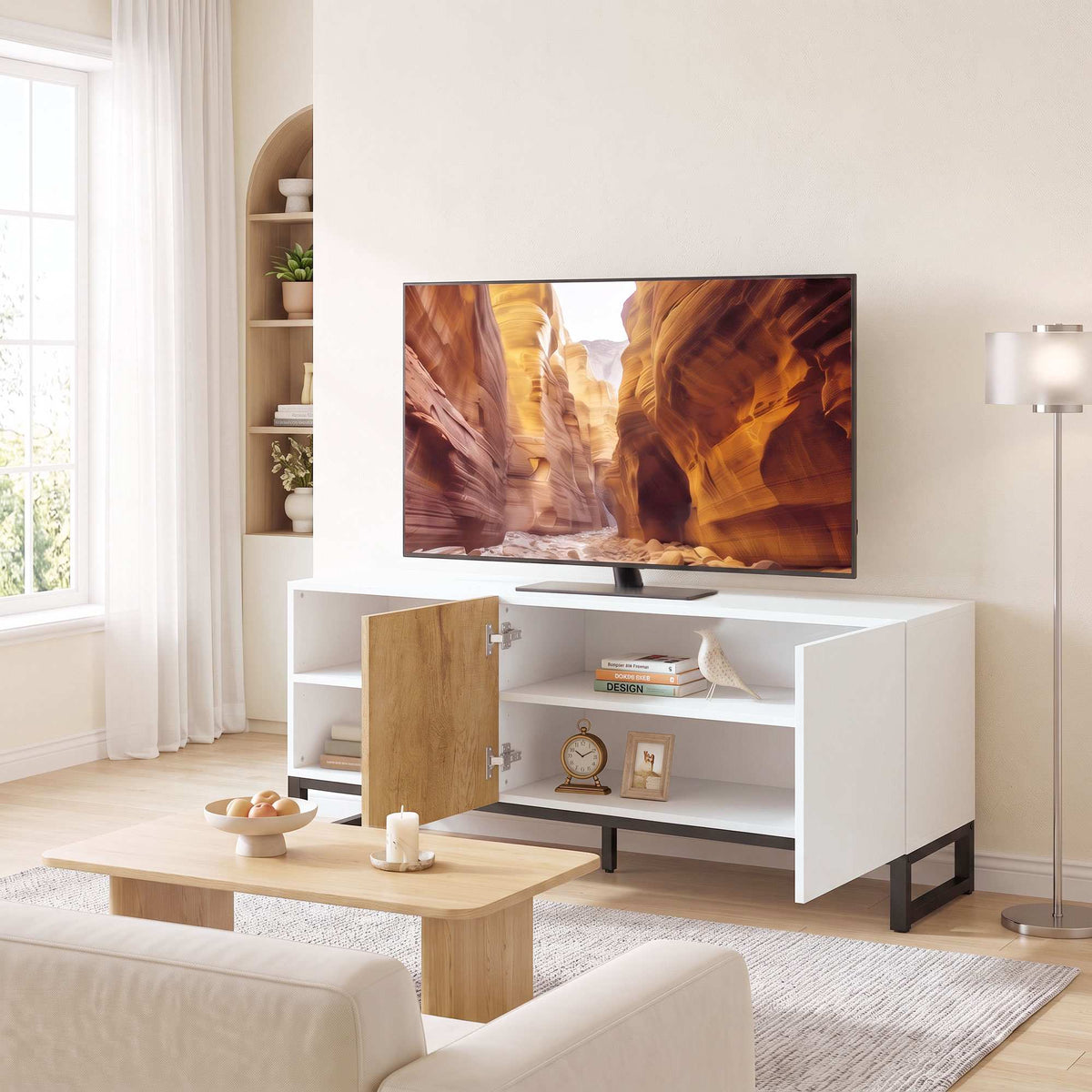 Modern White TV Stand for 55-Inch TVs, Adjustable Shelves