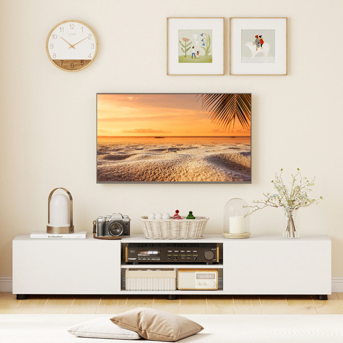 Modern White TV Stand for 70" Screens, 2 Doors, Shelves