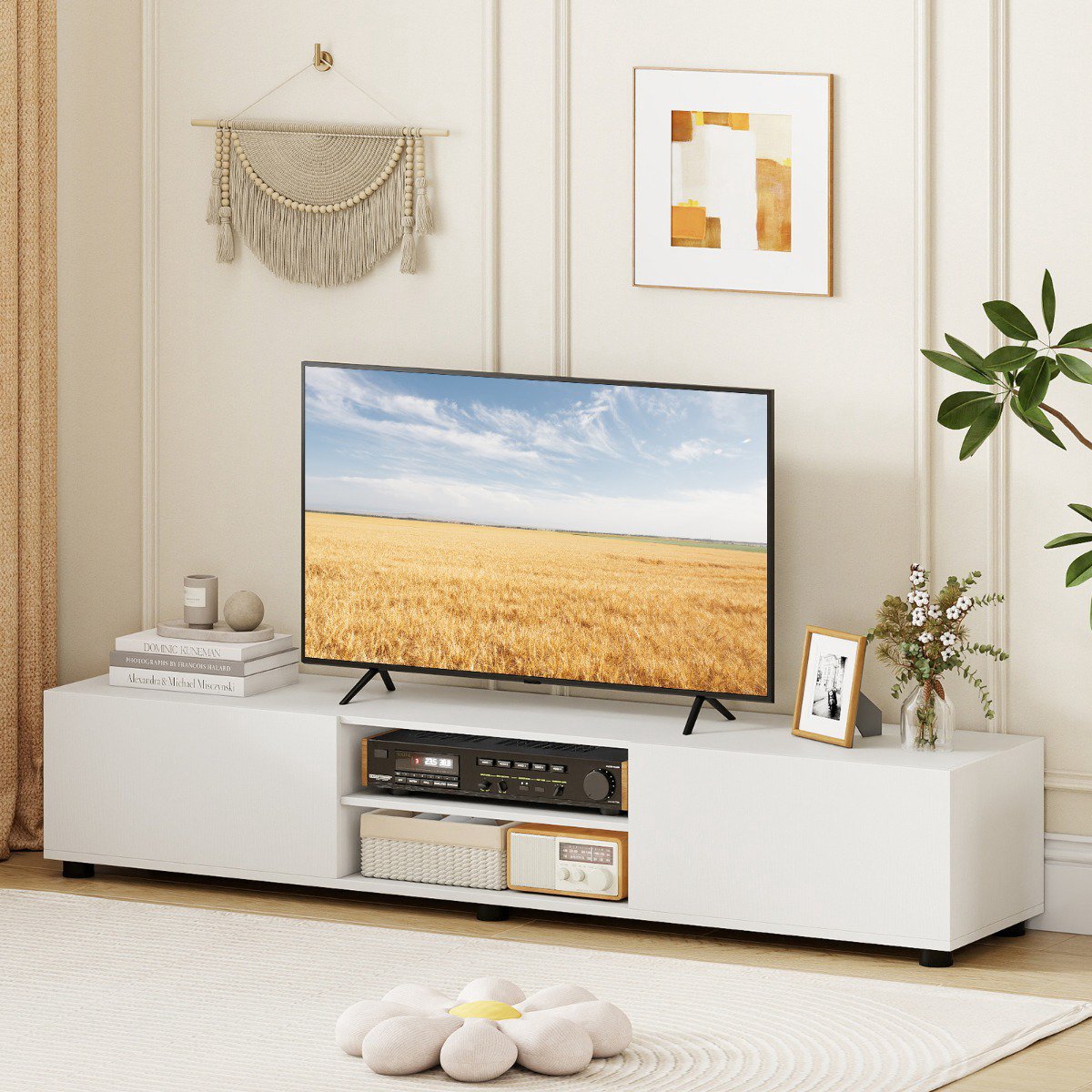 Modern White TV Stand for 70" Screens, 2 Doors, Shelves