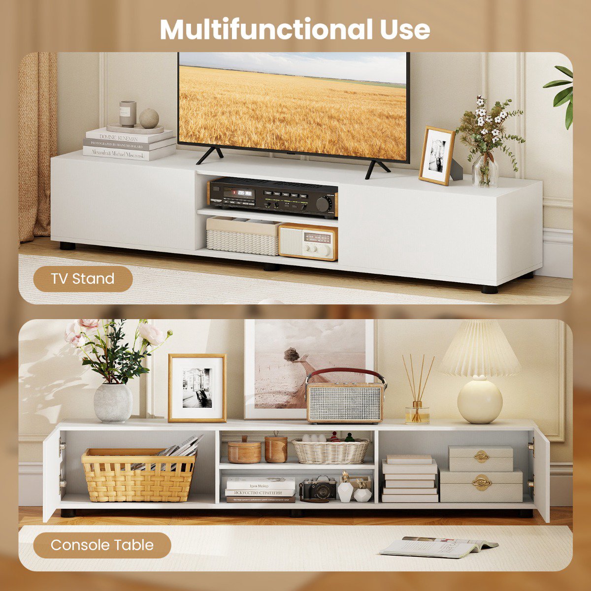 Modern White TV Stand for 70" Screens, 2 Doors, Shelves
