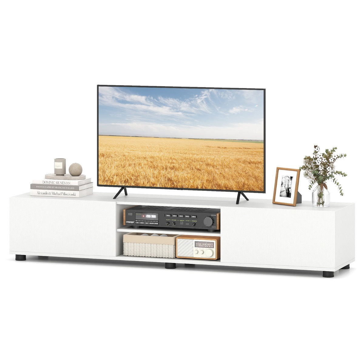 Modern White TV Stand for 70" Screens, 2 Doors, Shelves
