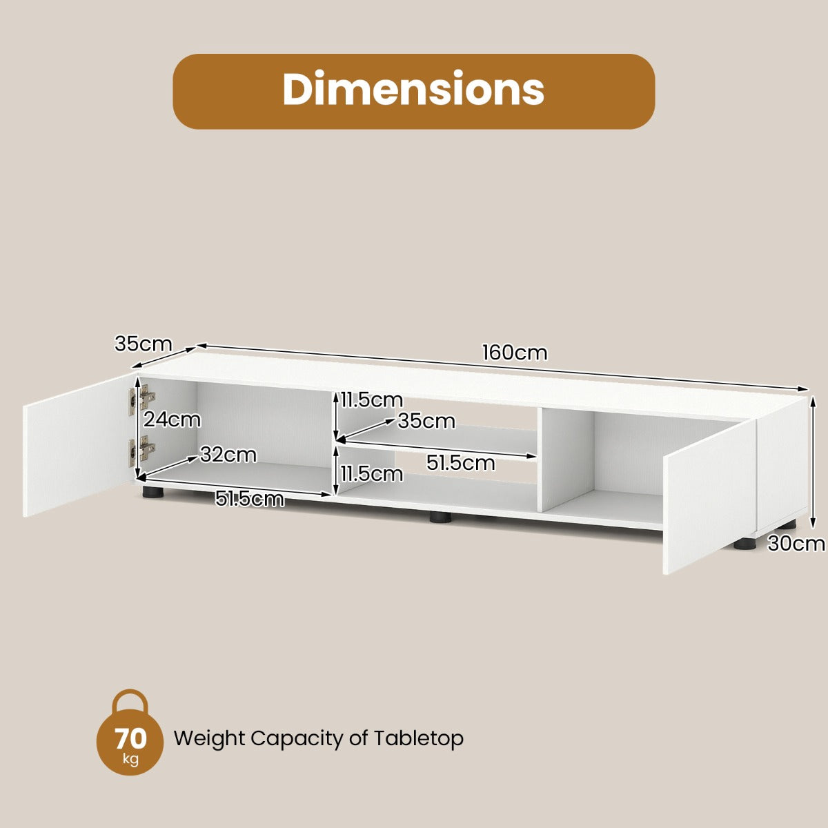 Modern White TV Stand for 70" Screens, 2 Doors, Shelves