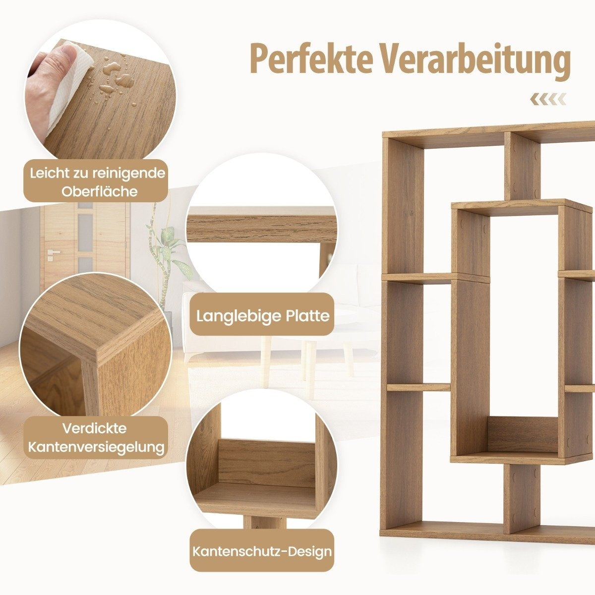 Modern bookcase with 7 compartments and anti-tip geometric open standing shelf natural
