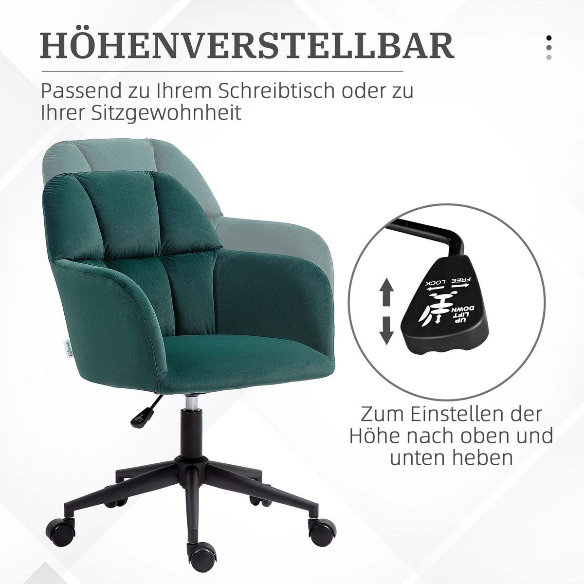 Modern office chair, height-adjustable desk chair, swivel chair living room, with armrest, velvet look, up to 120kg, green