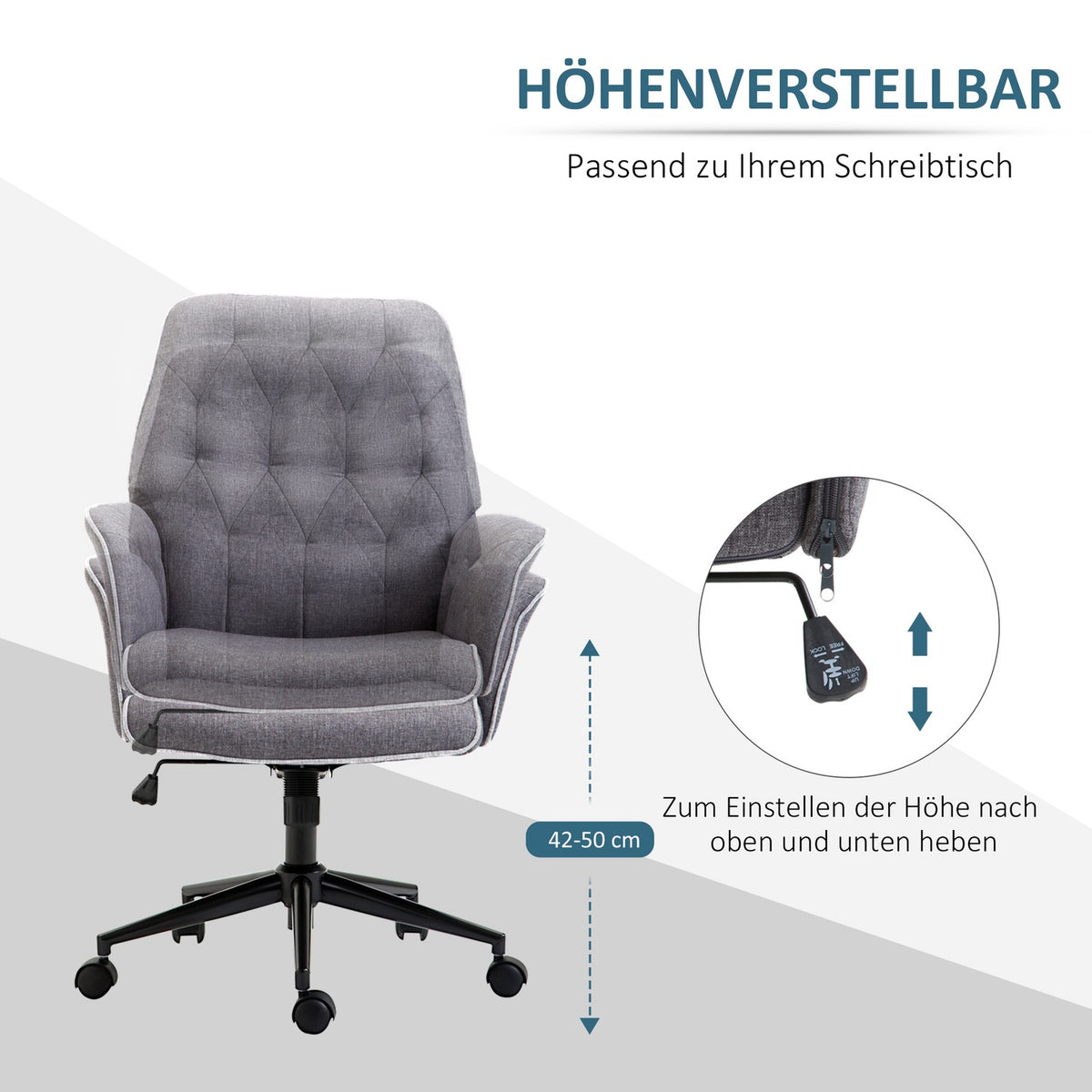 Modern office chair, height-adjustable desk chair, with rocker function, PC chair with linen look, dark gray