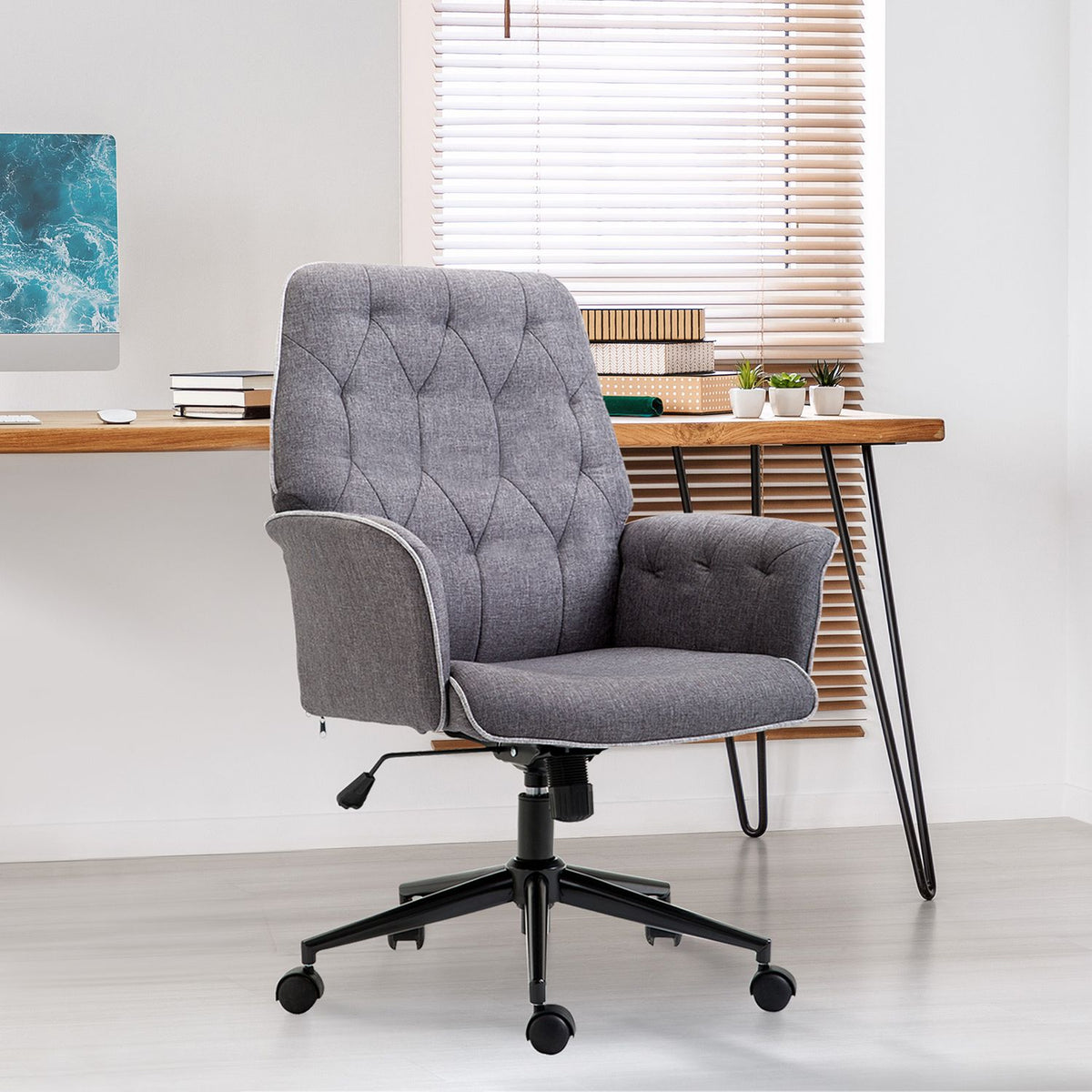 Modern office chair, height-adjustable desk chair, with rocker function, PC chair with linen look, dark gray
