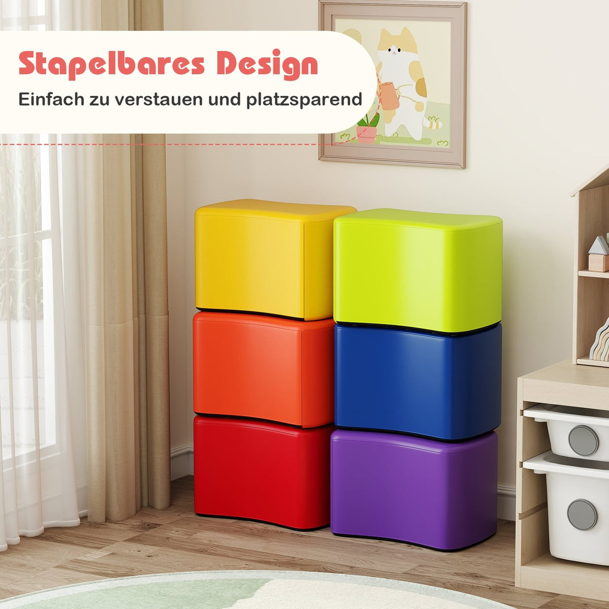 Modular Children's Stools, 6 Colorful Faux Leather Covers