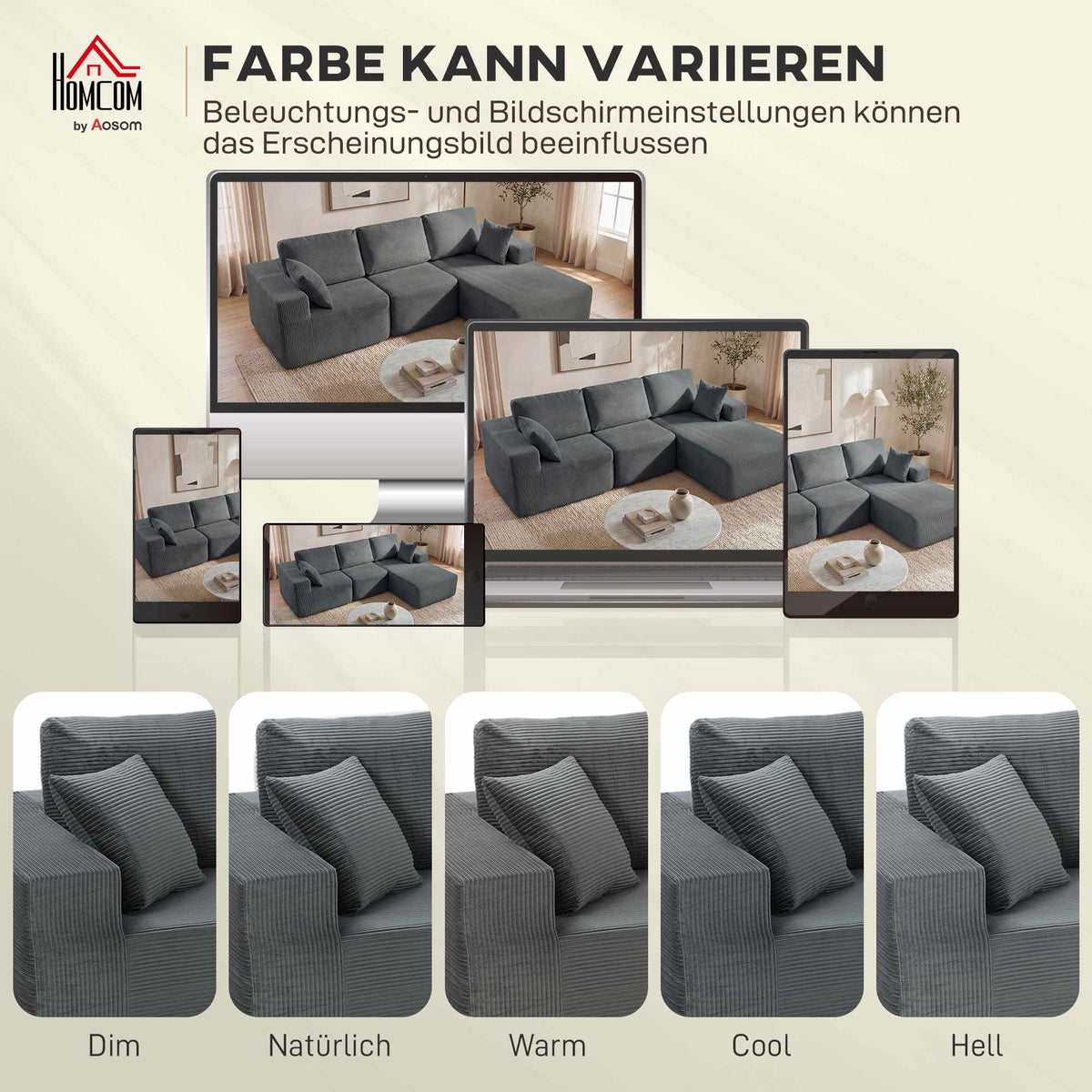 Modular L-Shaped Sofa Bed, Deep Seat, Corduroy, Dark Grey
