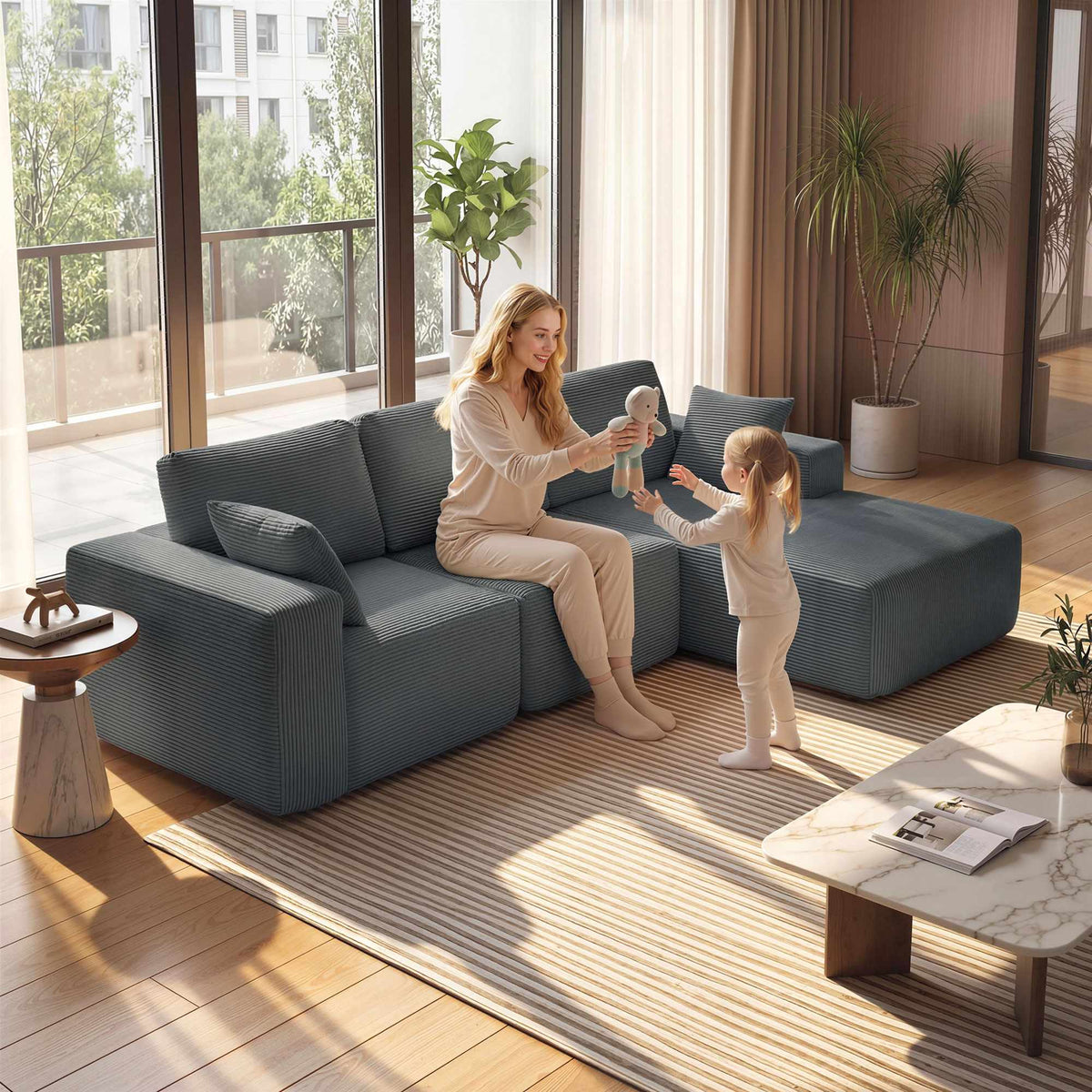 Modular L-Shaped Sofa Bed, Deep Seat, Corduroy, Dark Grey