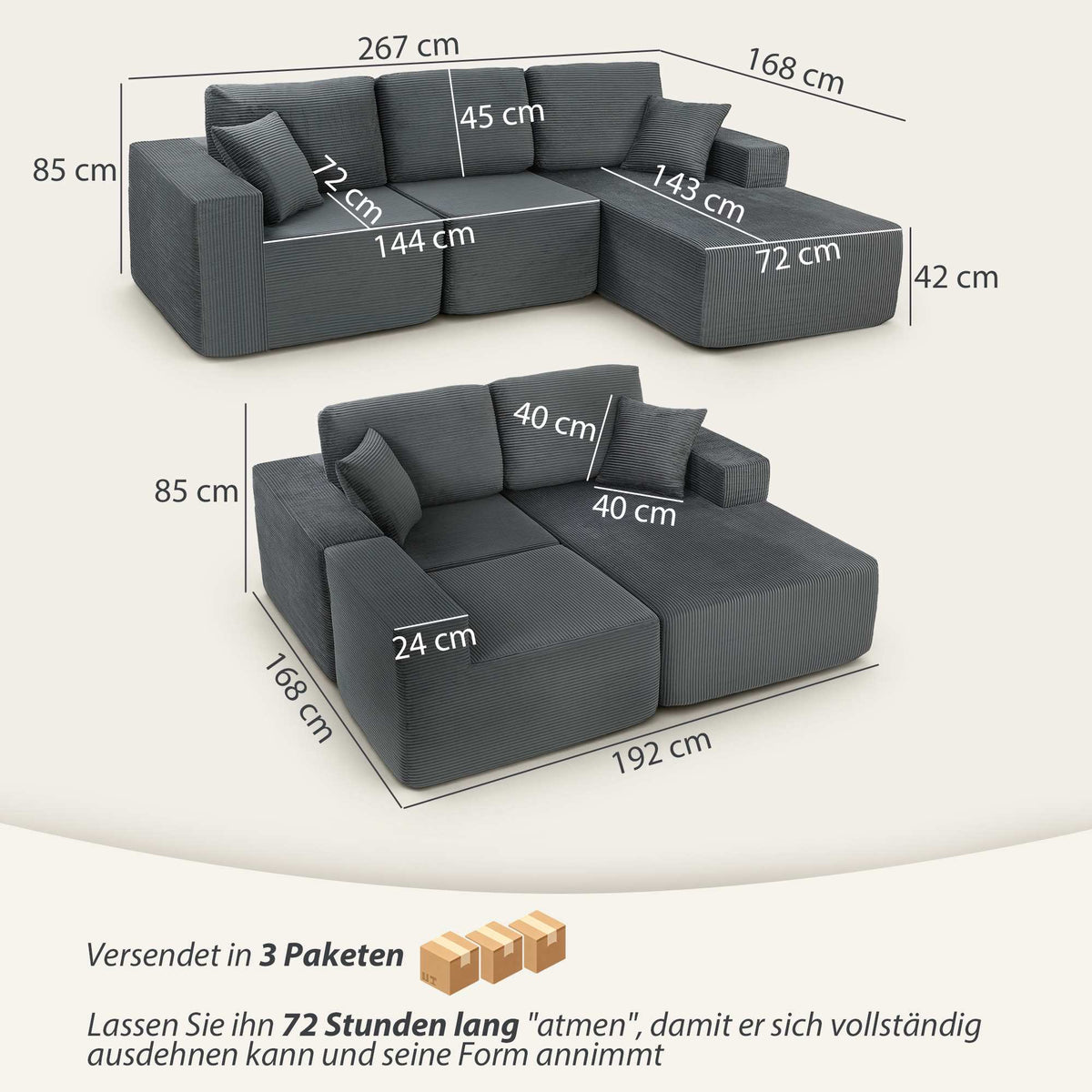 Modular L-Shaped Sofa Bed, Deep Seat, Corduroy, Dark Grey