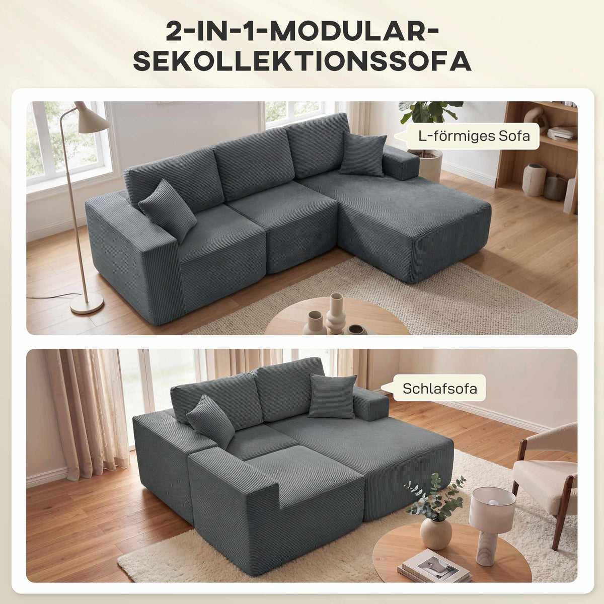 Modular L-Shaped Sofa Bed, Deep Seat, Corduroy, Dark Grey