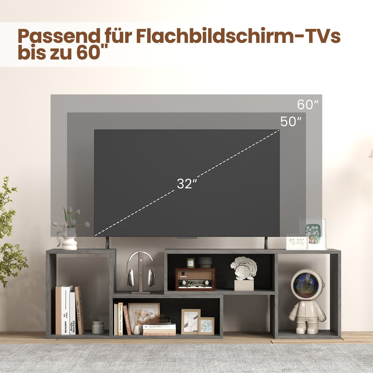 Modular TV Stand for 60" Screens, Gray, 2-Piece Set