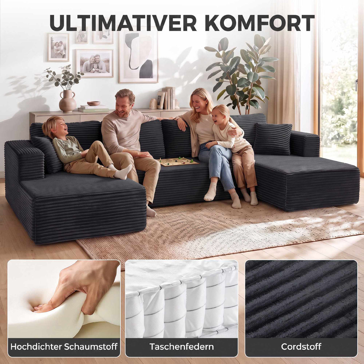 Modular U-Shaped Sofa Bed with Chaise Lounges, Dark Grey Cord