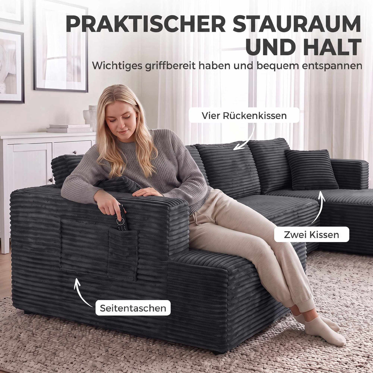 Modular U-Shaped Sofa Bed with Chaise Lounges, Dark Grey Cord
