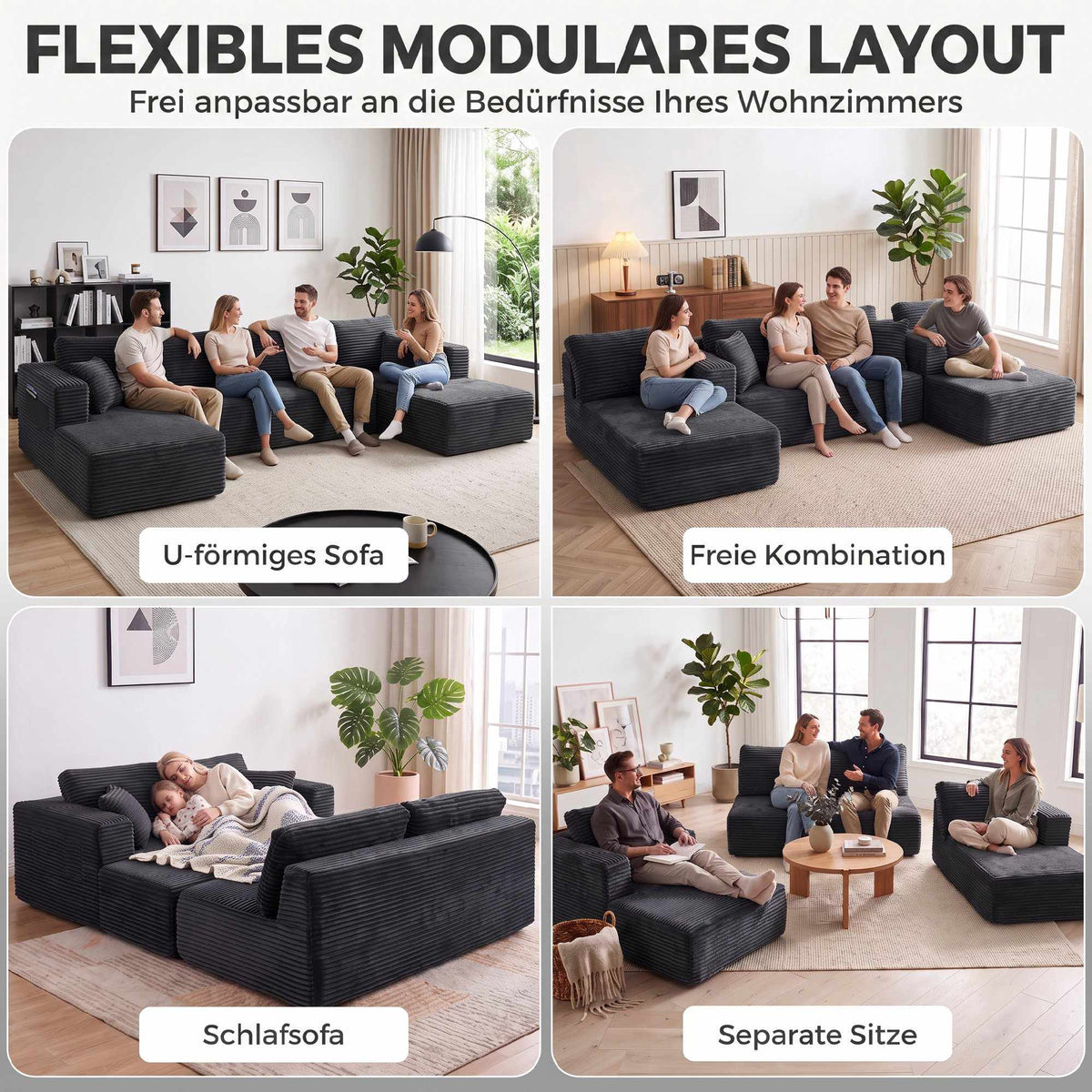 Modular U-Shaped Sofa Bed with Chaise Lounges, Dark Grey Cord