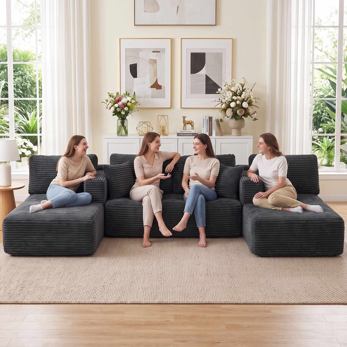 Modular U-Shaped Sofa Bed with Chaise Lounges, Dark Grey Cord
