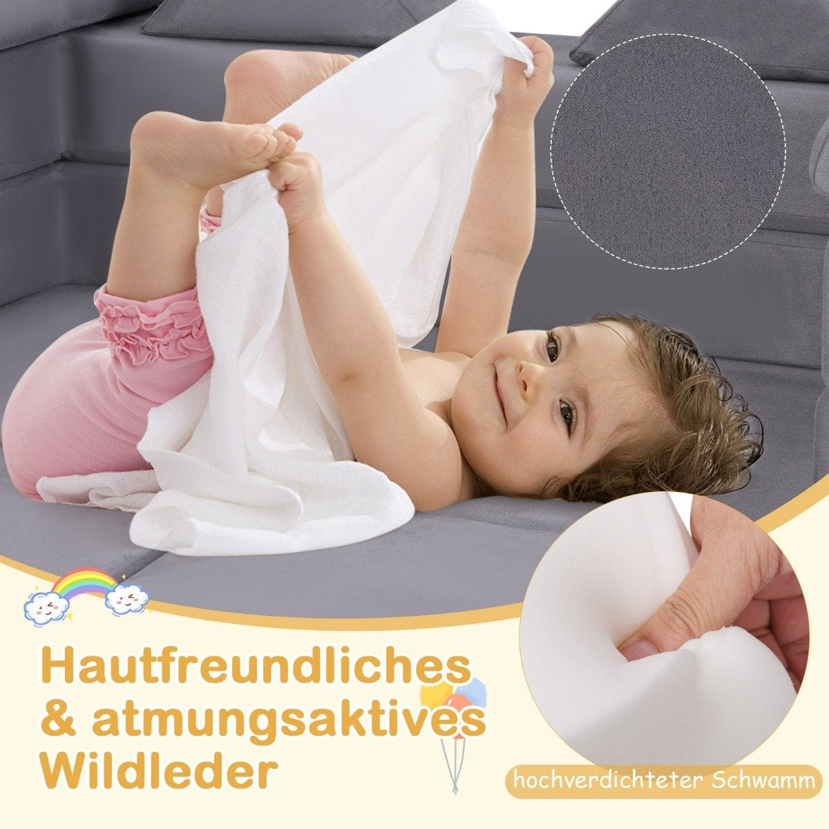 Modular children's sofa 9-piece play sofa made of foam building blocks with comfortable suede fabric gray