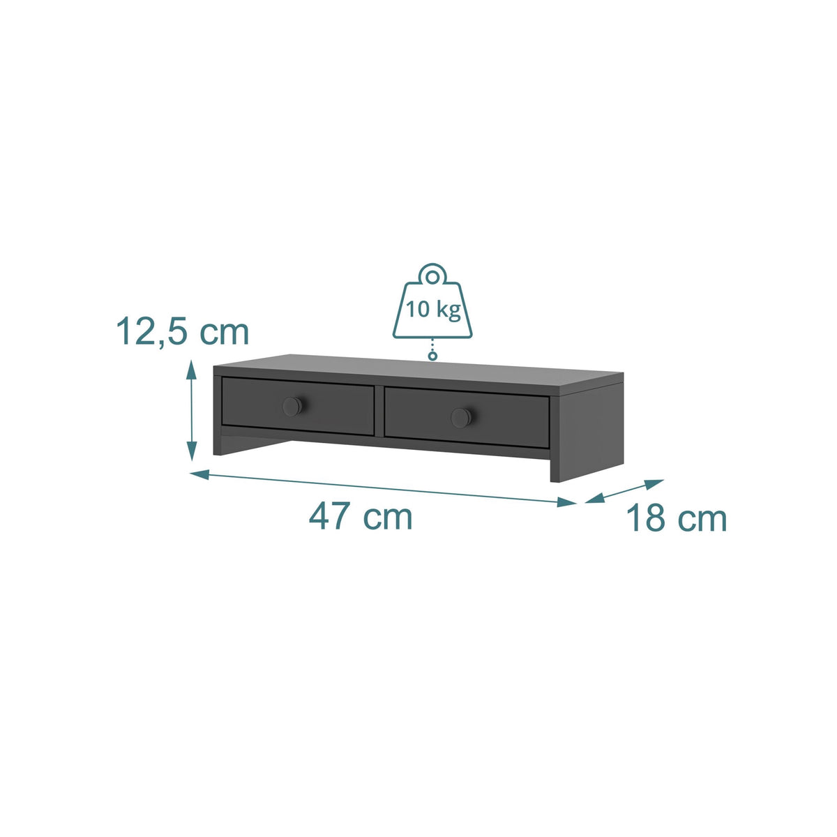 Monitor Riser with 2 Drawers, Black MDF, 47 cm