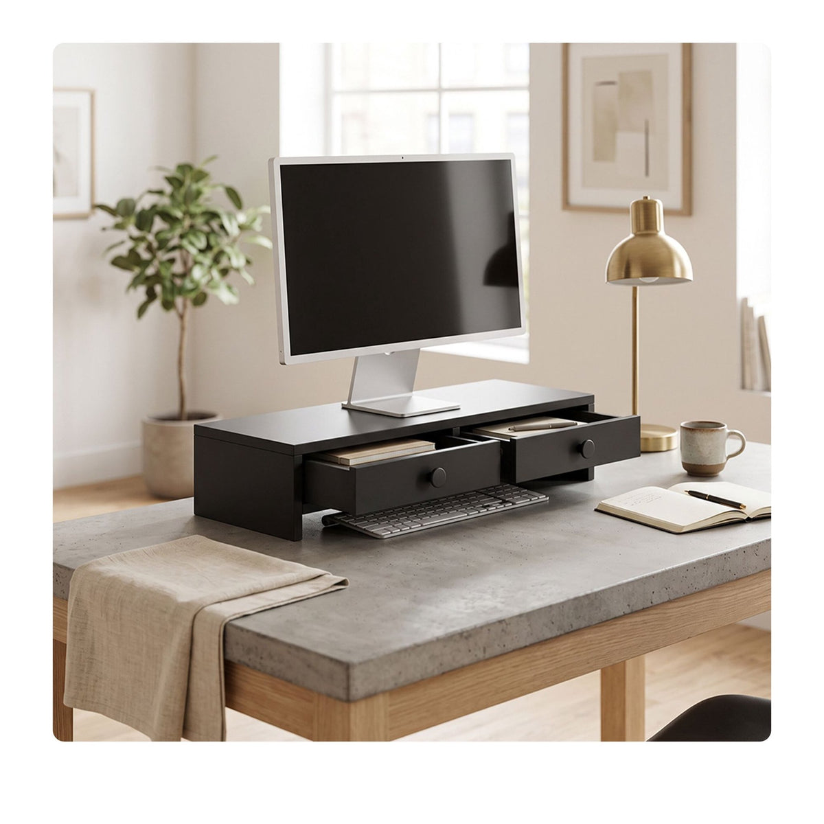 Monitor Riser with 2 Drawers, Black MDF, 47 cm
