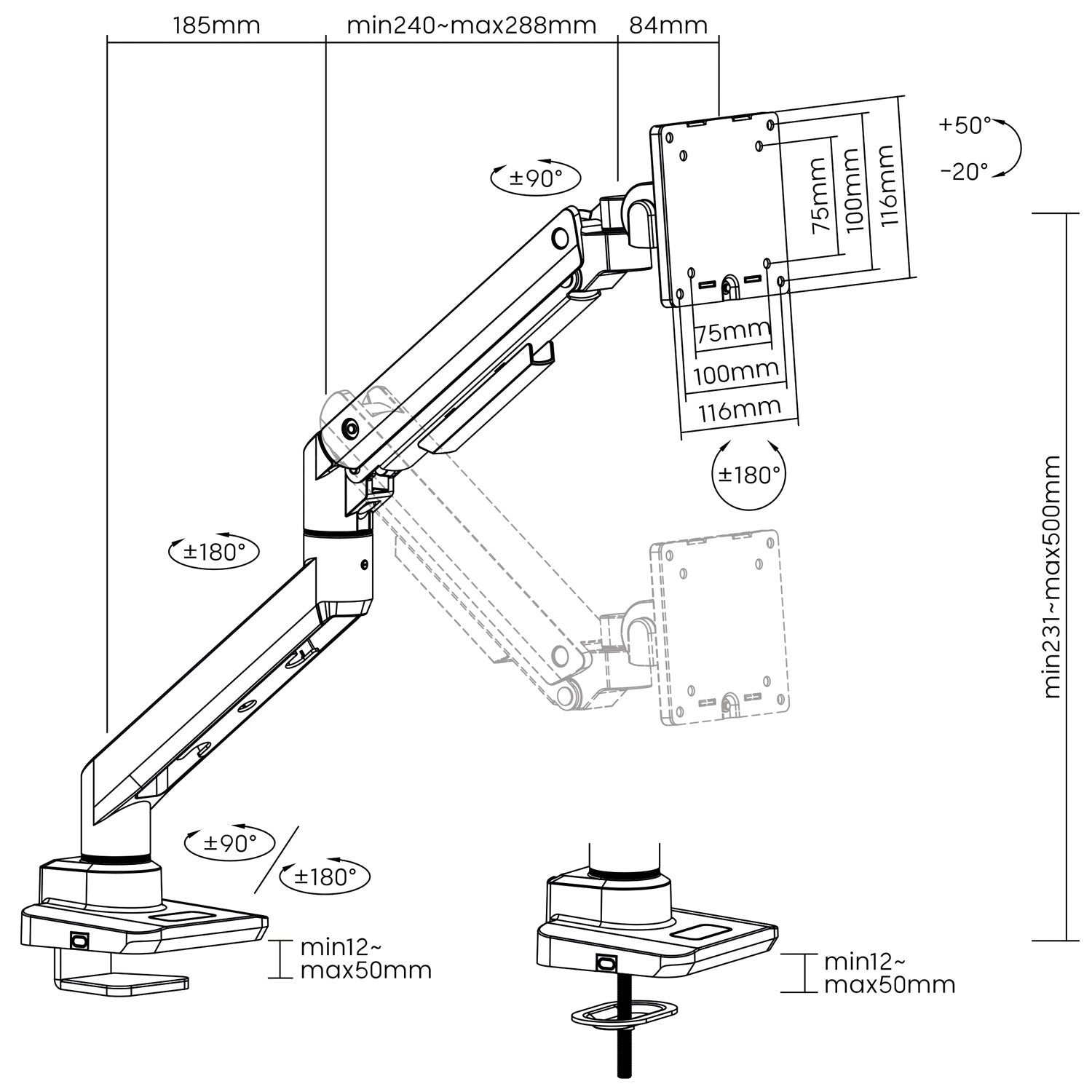 Monitor arm 17-49" gas spring max 20kg