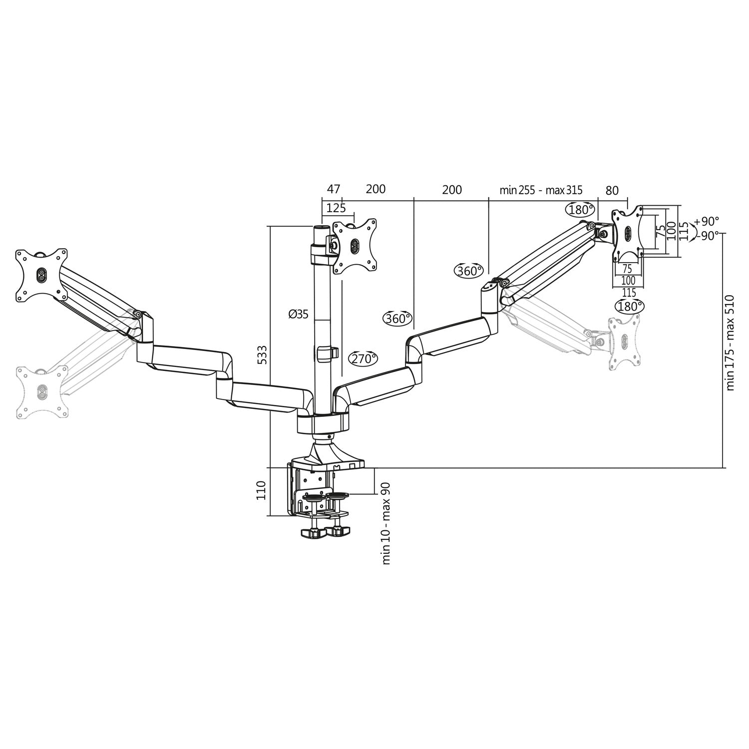 Monitor arm triple 13-32" gas