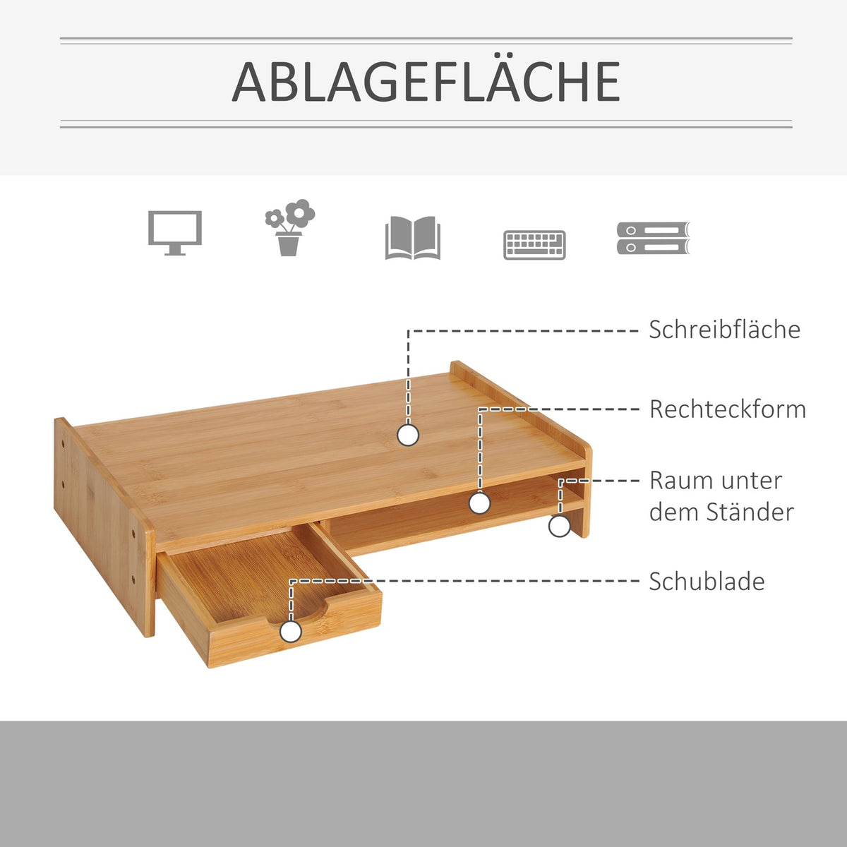 Monitor stand screen stand desk organizer, with drawers, natural, L49xW25.5xH11.5cm