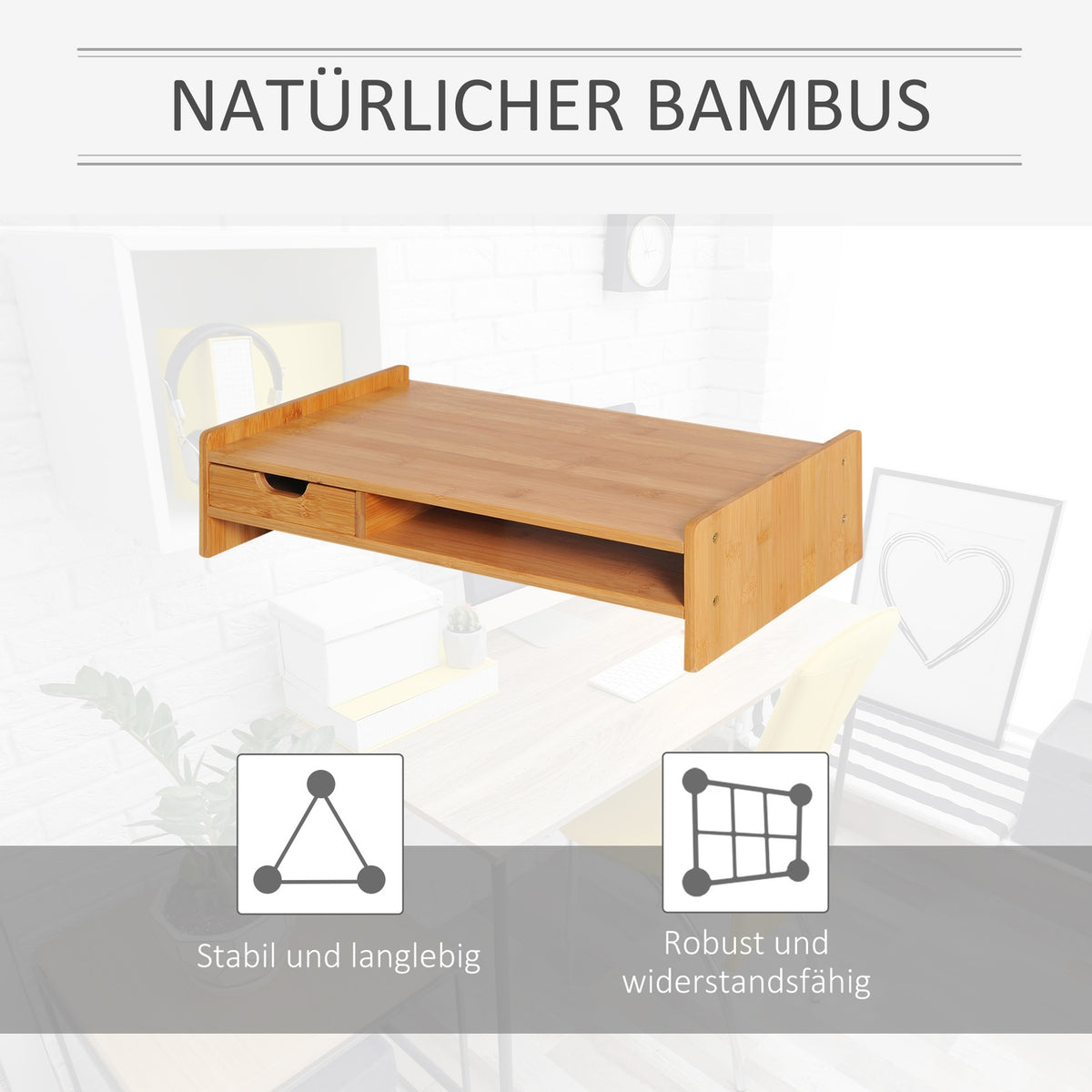 Monitor stand screen stand desk organizer, with drawers, natural, L49xW25.5xH11.5cm
