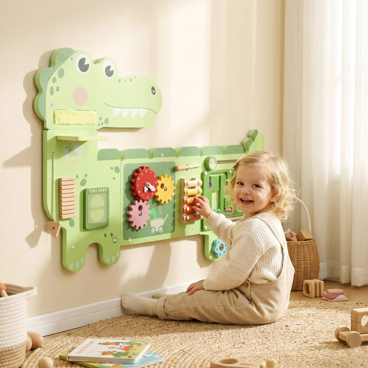 Montessori Dinosaur Busy Board with Xylophone and Gears