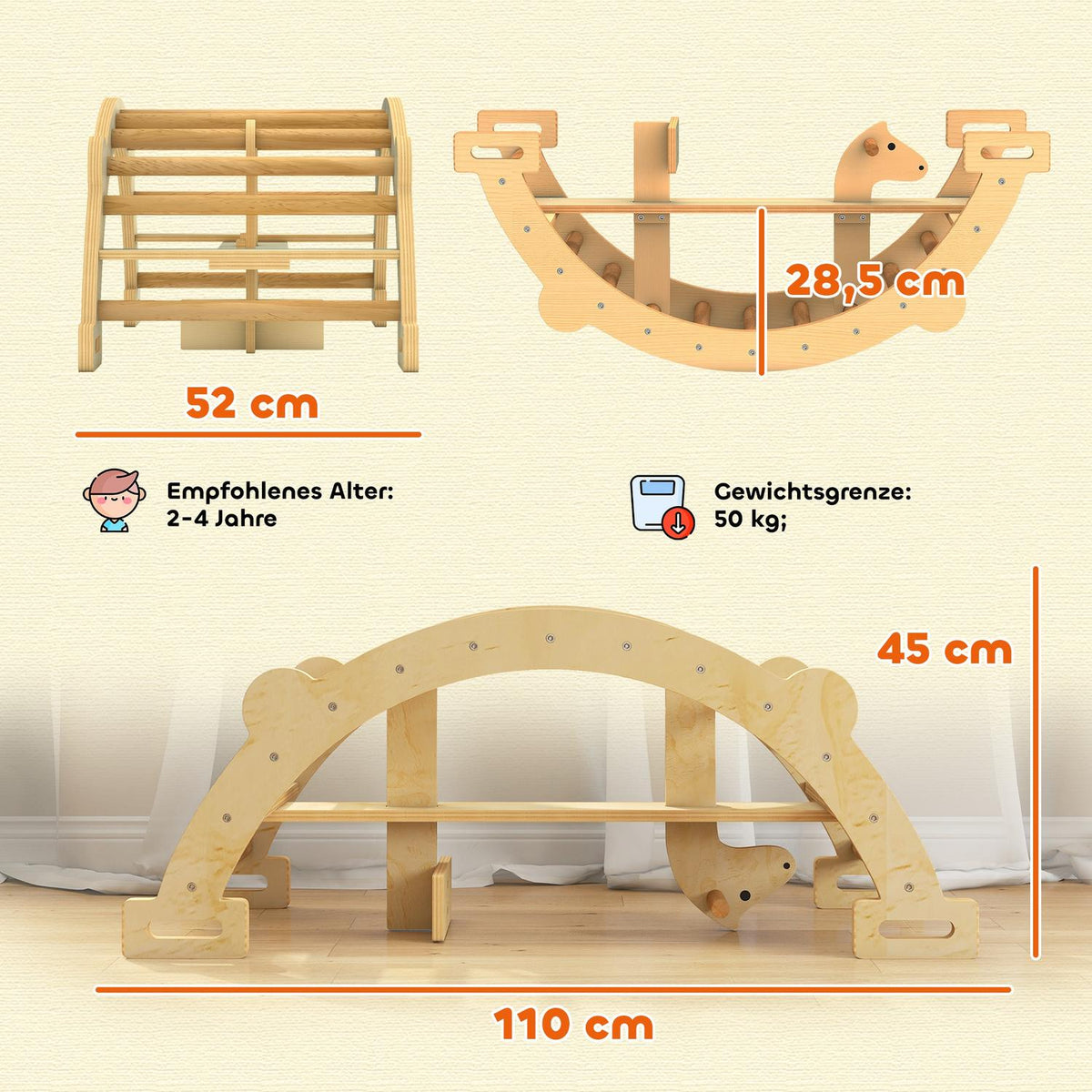 Montessori Indoor Climbing Arch, 2-in-1 Wooden Rocker, 110x52x45 cm