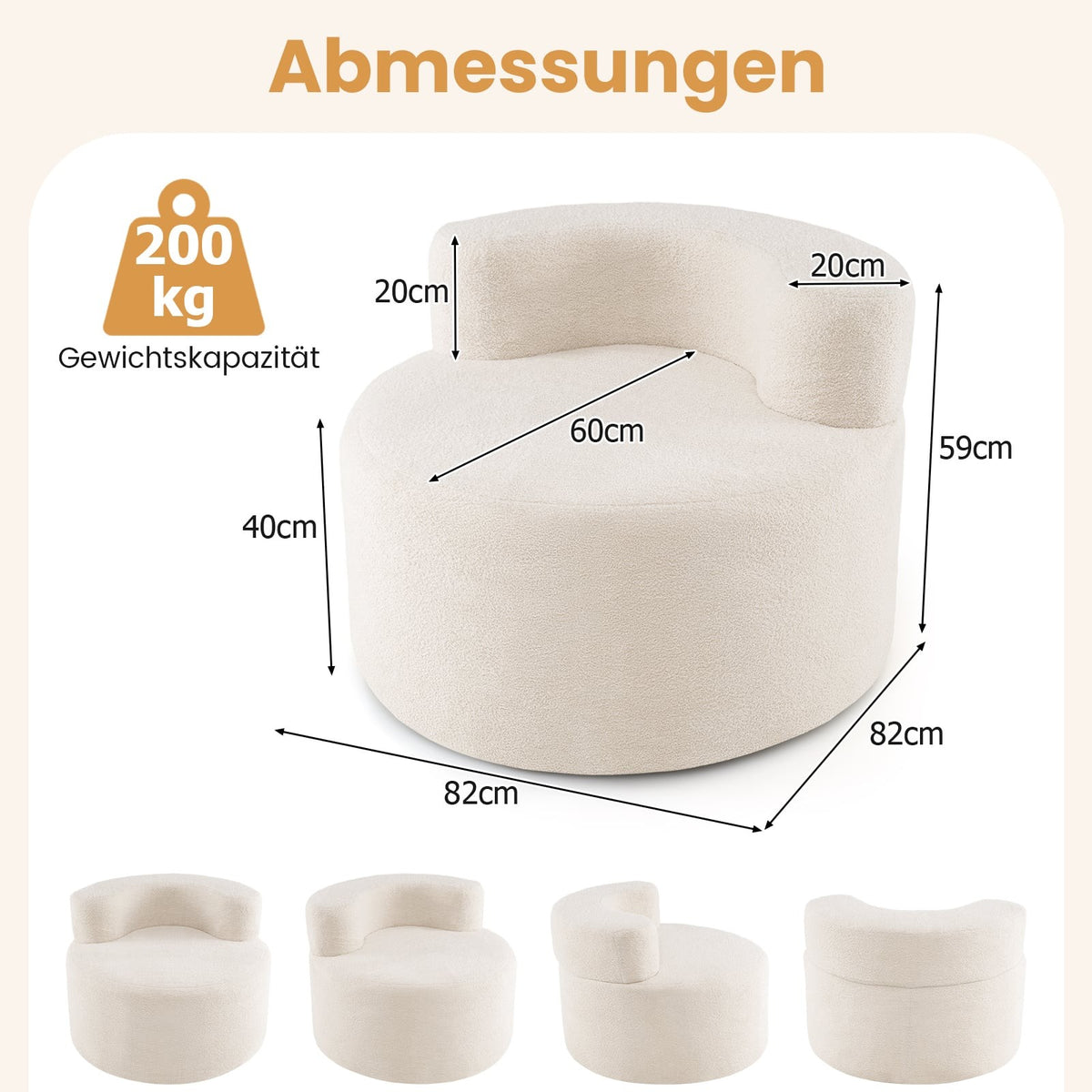 Moon-Shaped Bean Bag Chair, Beige, Soft Teddy Fleece