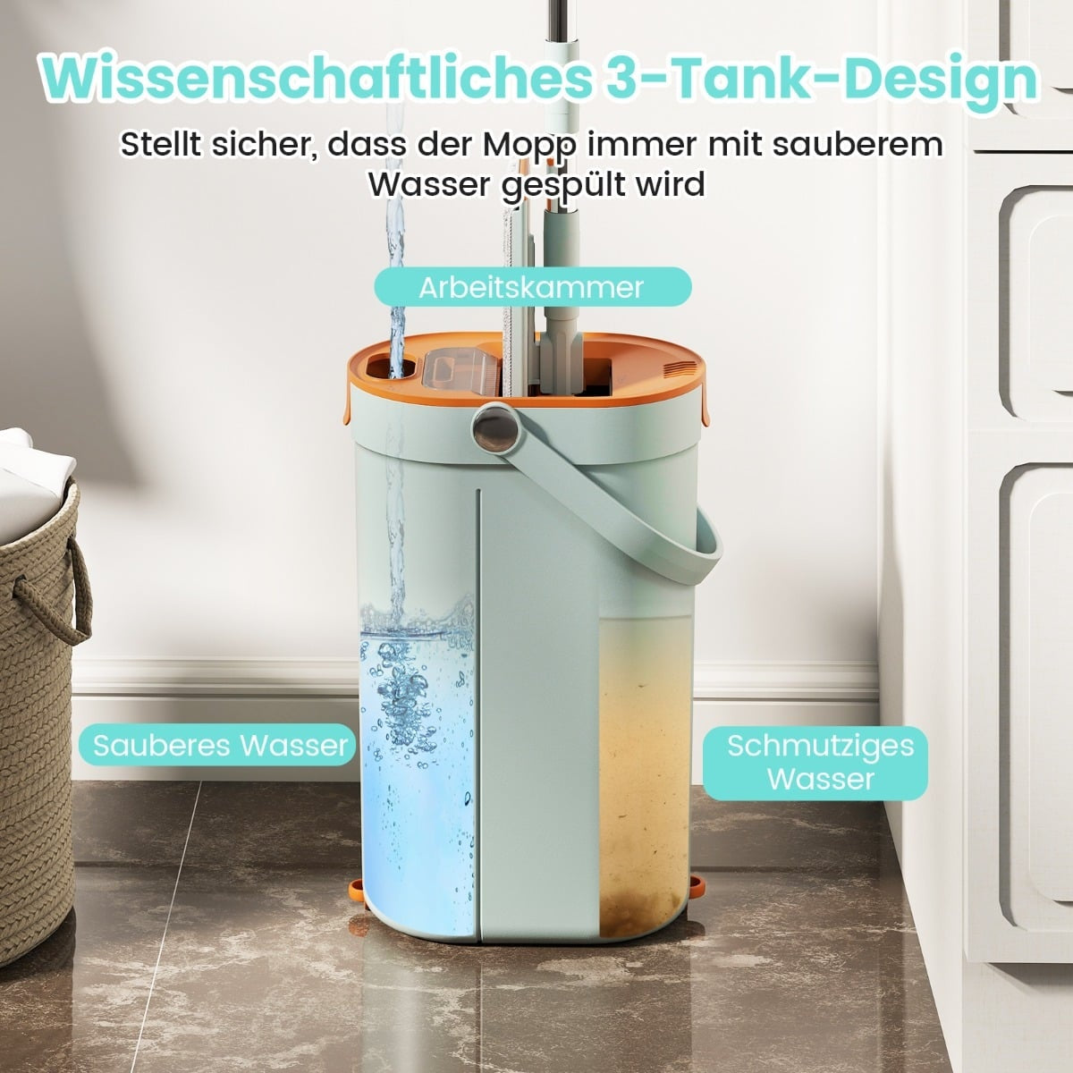 Mop and Bucket System with 3-Chamber Design, 2.4L, Green