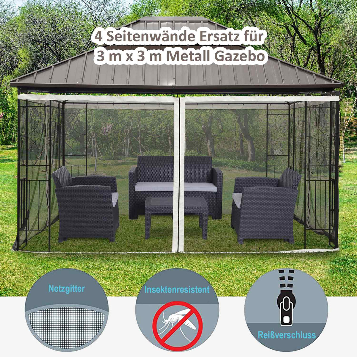 Mosquito net for 3x4 gazebo, 4 side panels, fly net with zip, insect protection, nylon mesh, black
