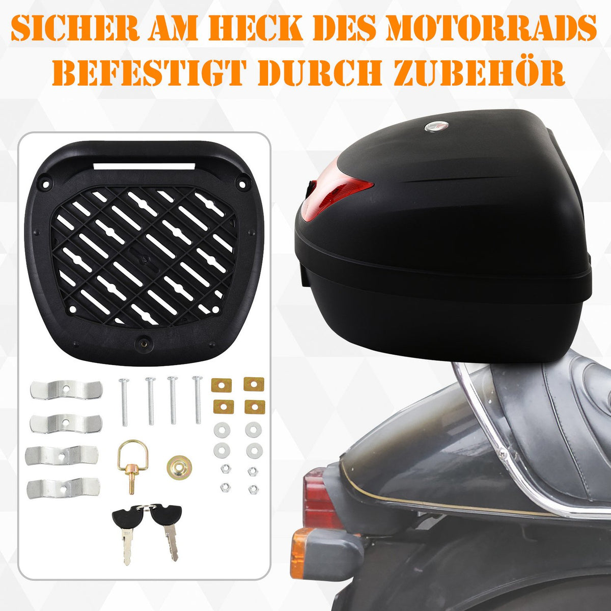 Motorcycle Case, Scooter Case For Motorcycles, Scooters, Mopeds, Quads, 48L Helmet Case, Top Case, Black, 59X43X33Cm