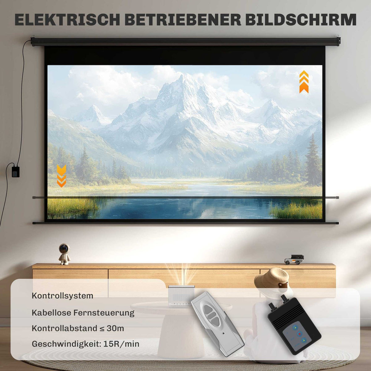 Motorized Projector Screen, 16:9, Remote, 266x149 cm, Black
