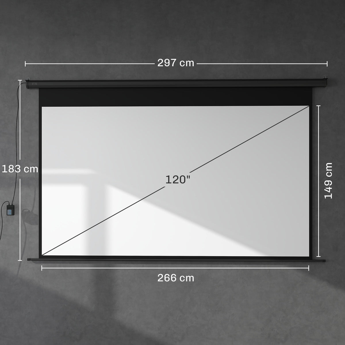 Motorized Projector Screen, 16:9, Remote, 266x149 cm, Black