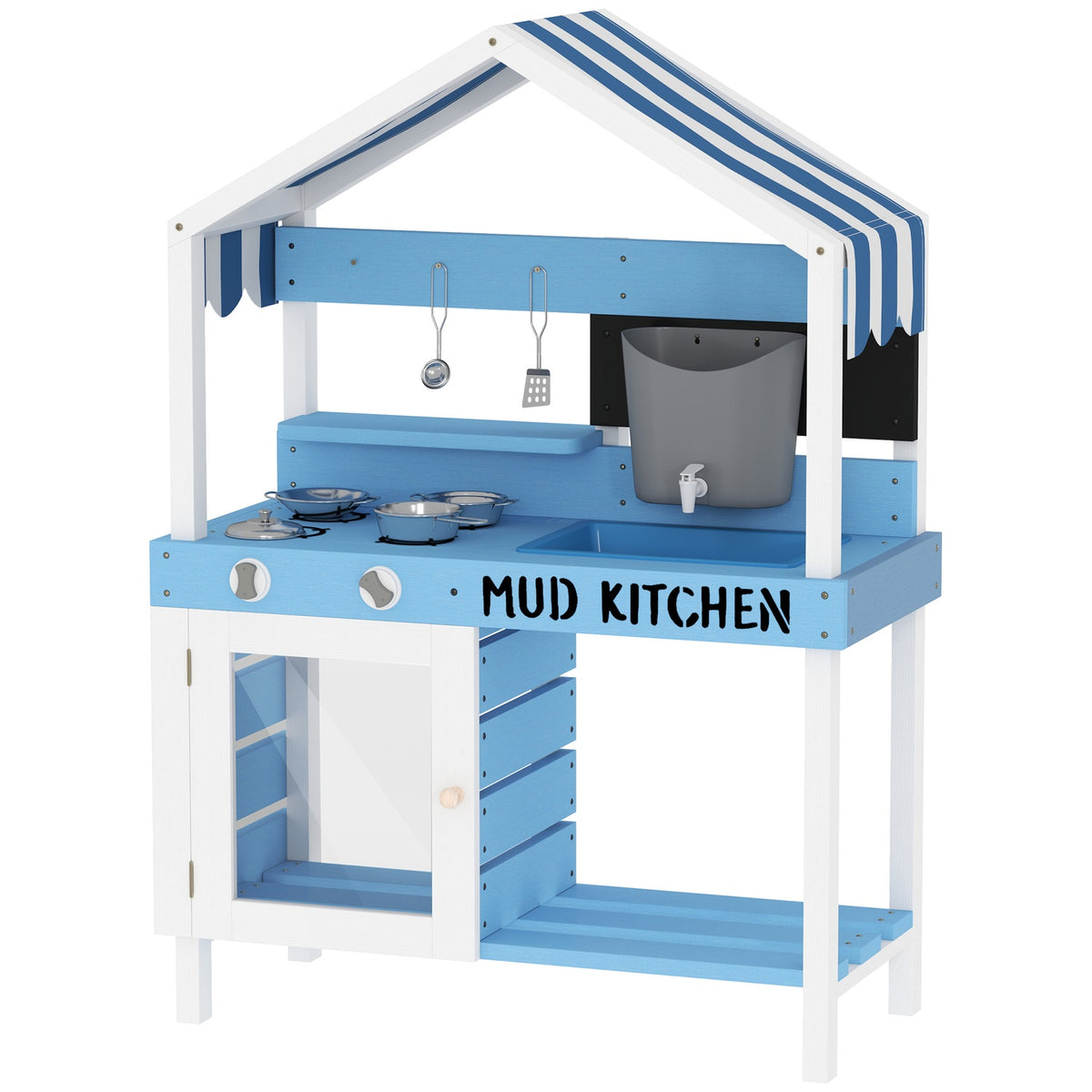 Mud Kitchen Children's Outdoor Garden Play Kitchen Made of Wood with Stove, Sink, Faucet, Storage Shelves, Cookware, Accessories, Play Kitchen for Children 3-7 Years Blue