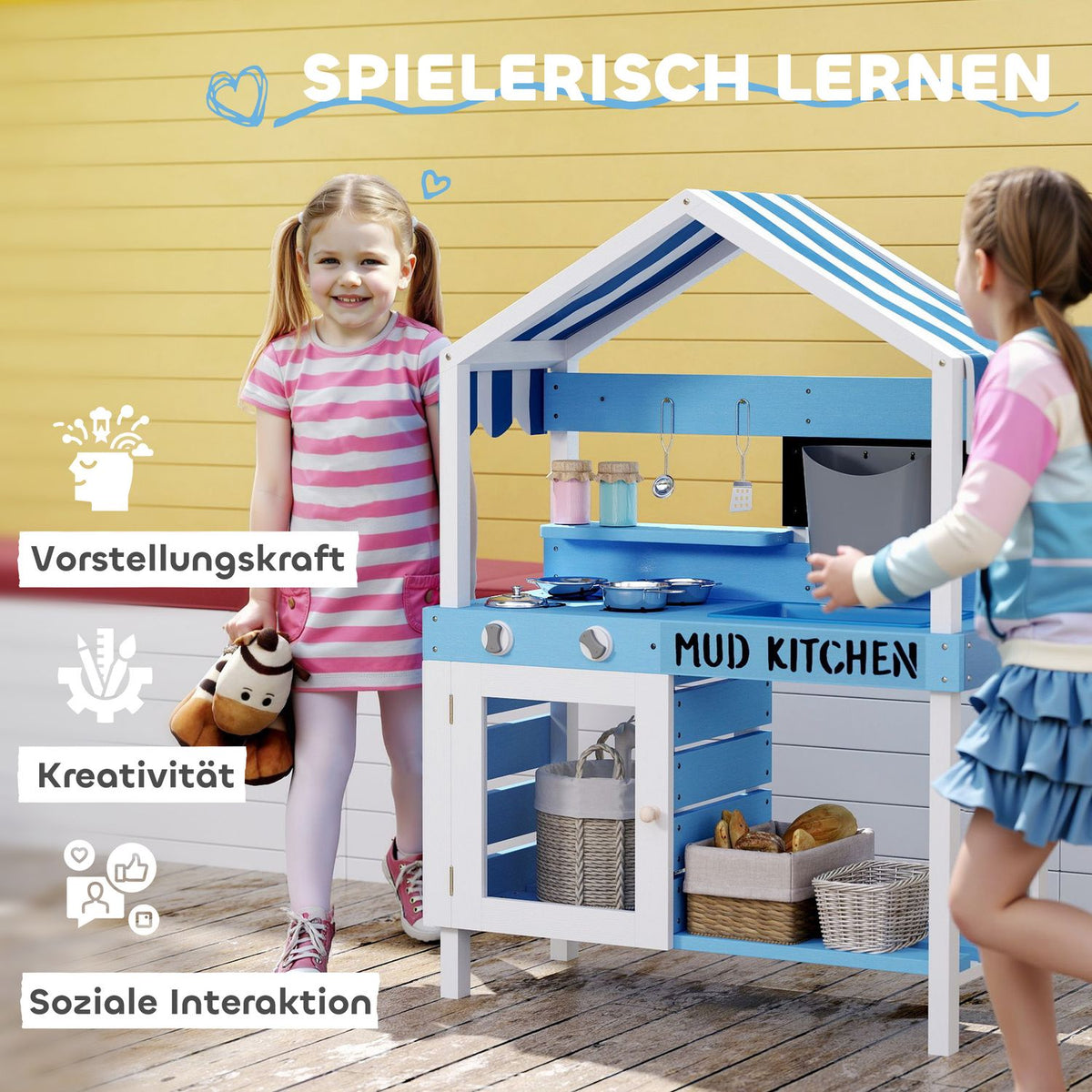Mud Kitchen Children's Outdoor Garden Play Kitchen Made of Wood with Stove, Sink, Faucet, Storage Shelves, Cookware, Accessories, Play Kitchen for Children 3-7 Years Blue