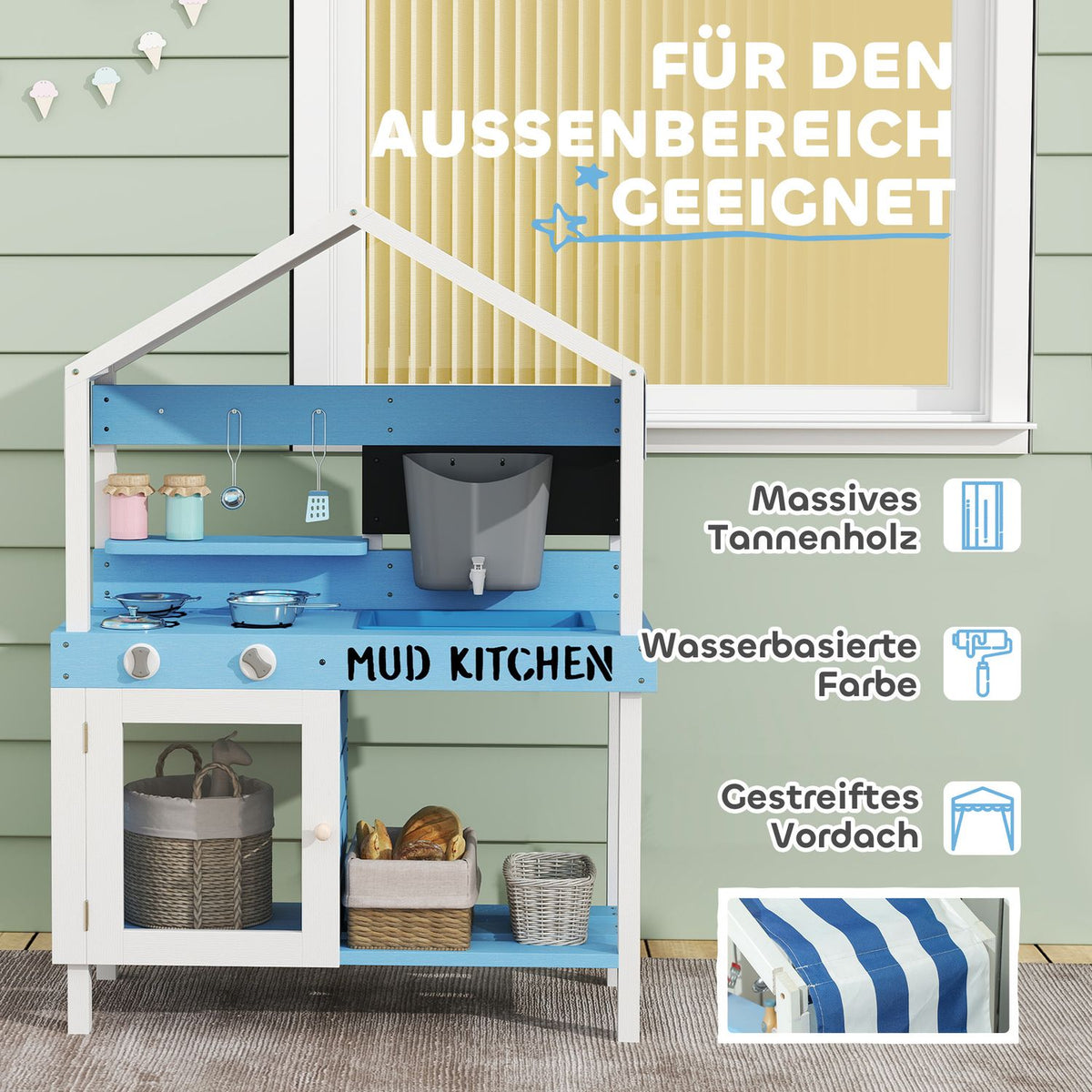 Mud Kitchen Children's Outdoor Garden Play Kitchen Made of Wood with Stove, Sink, Faucet, Storage Shelves, Cookware, Accessories, Play Kitchen for Children 3-7 Years Blue