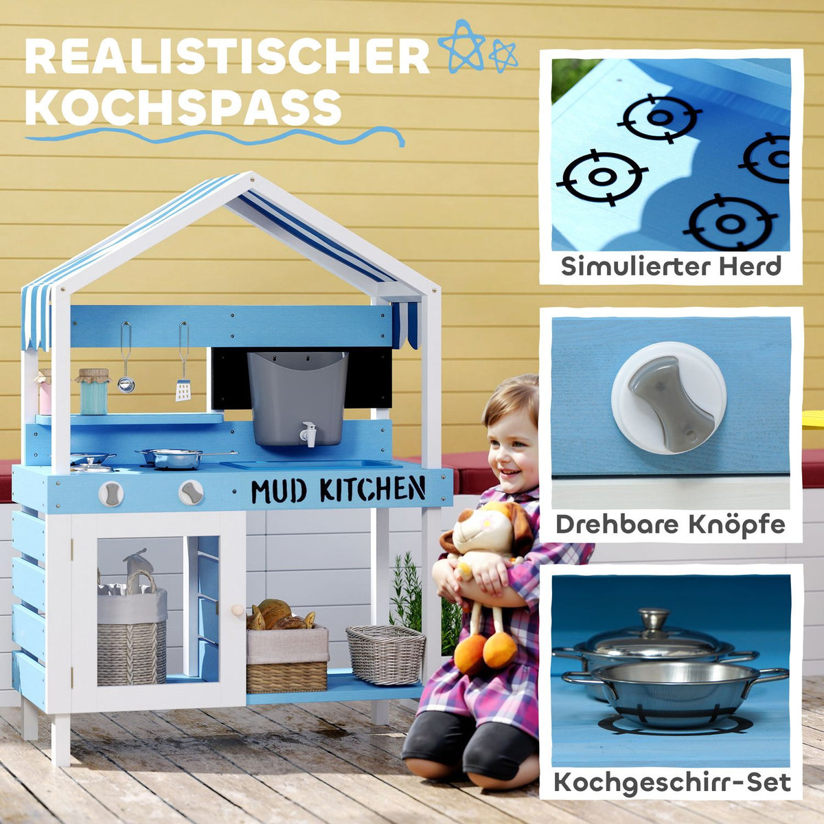 Mud Kitchen Children's Outdoor Garden Play Kitchen Made of Wood with Stove, Sink, Faucet, Storage Shelves, Cookware, Accessories, Play Kitchen for Children 3-7 Years Blue
