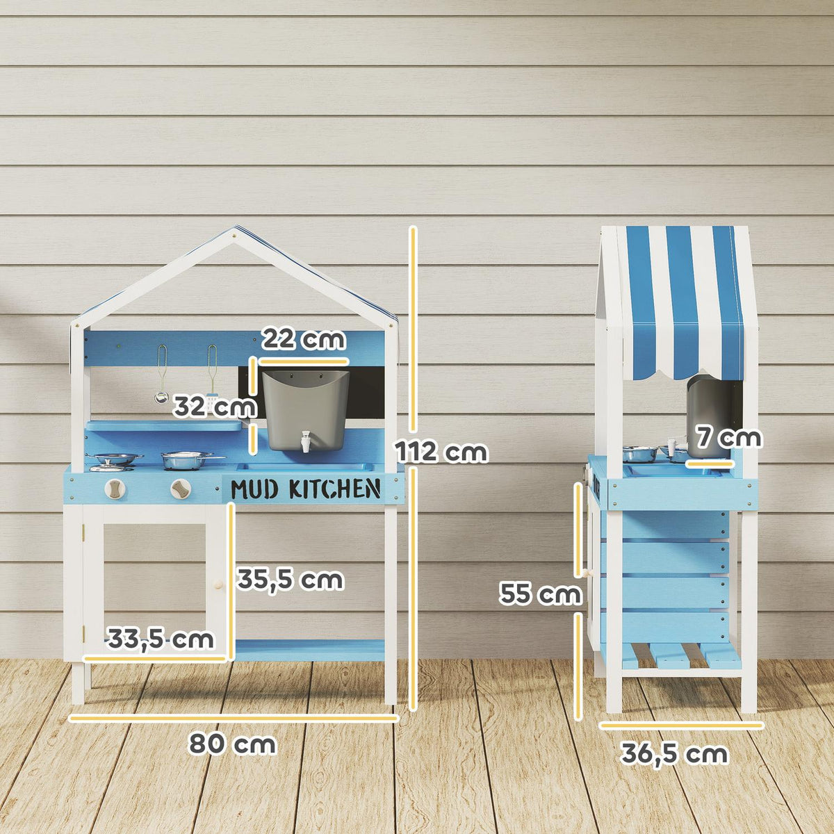 Mud Kitchen Children's Outdoor Garden Play Kitchen Made of Wood with Stove, Sink, Faucet, Storage Shelves, Cookware, Accessories, Play Kitchen for Children 3-7 Years Blue