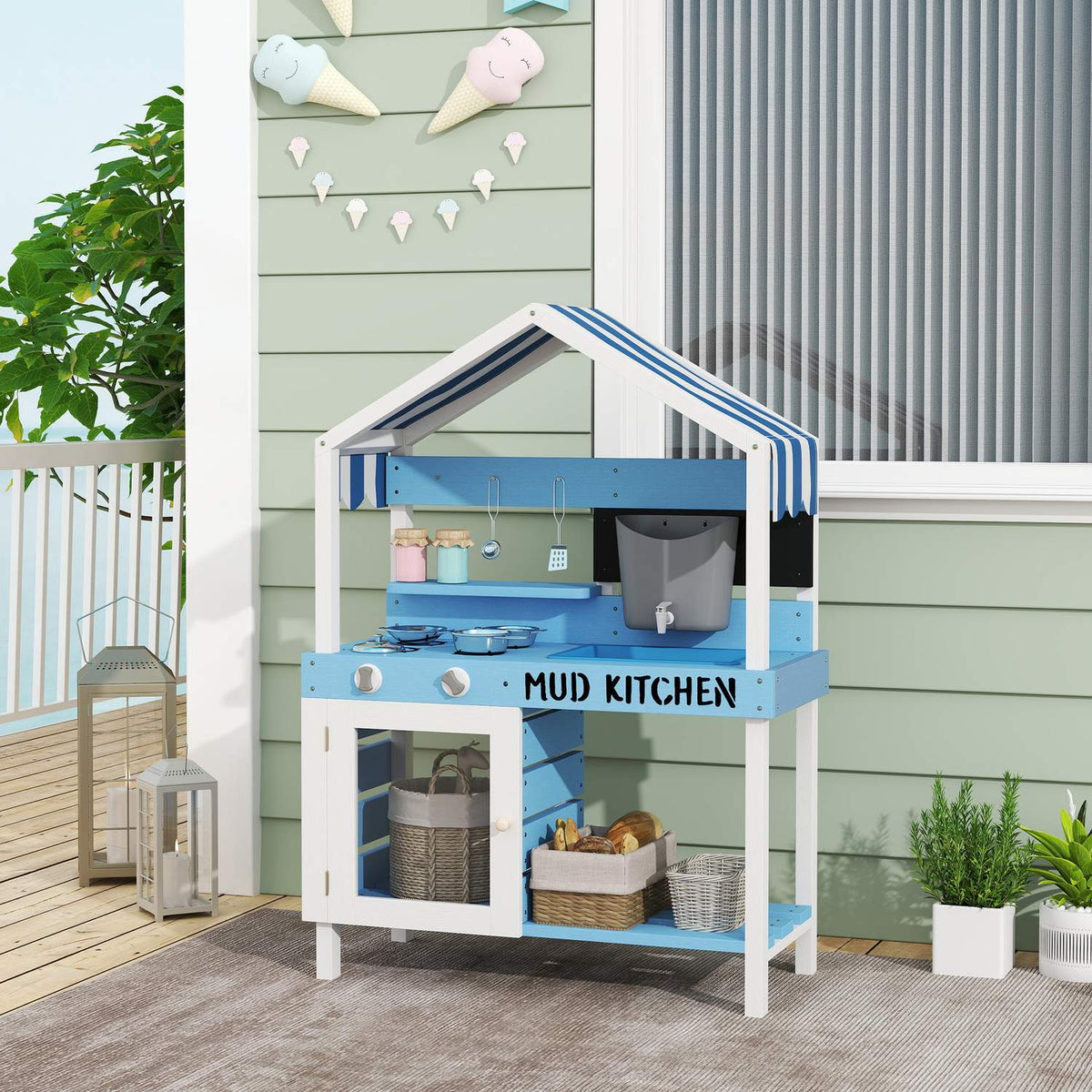 Mud Kitchen Children's Outdoor Garden Play Kitchen Made of Wood with Stove, Sink, Faucet, Storage Shelves, Cookware, Accessories, Play Kitchen for Children 3-7 Years Blue