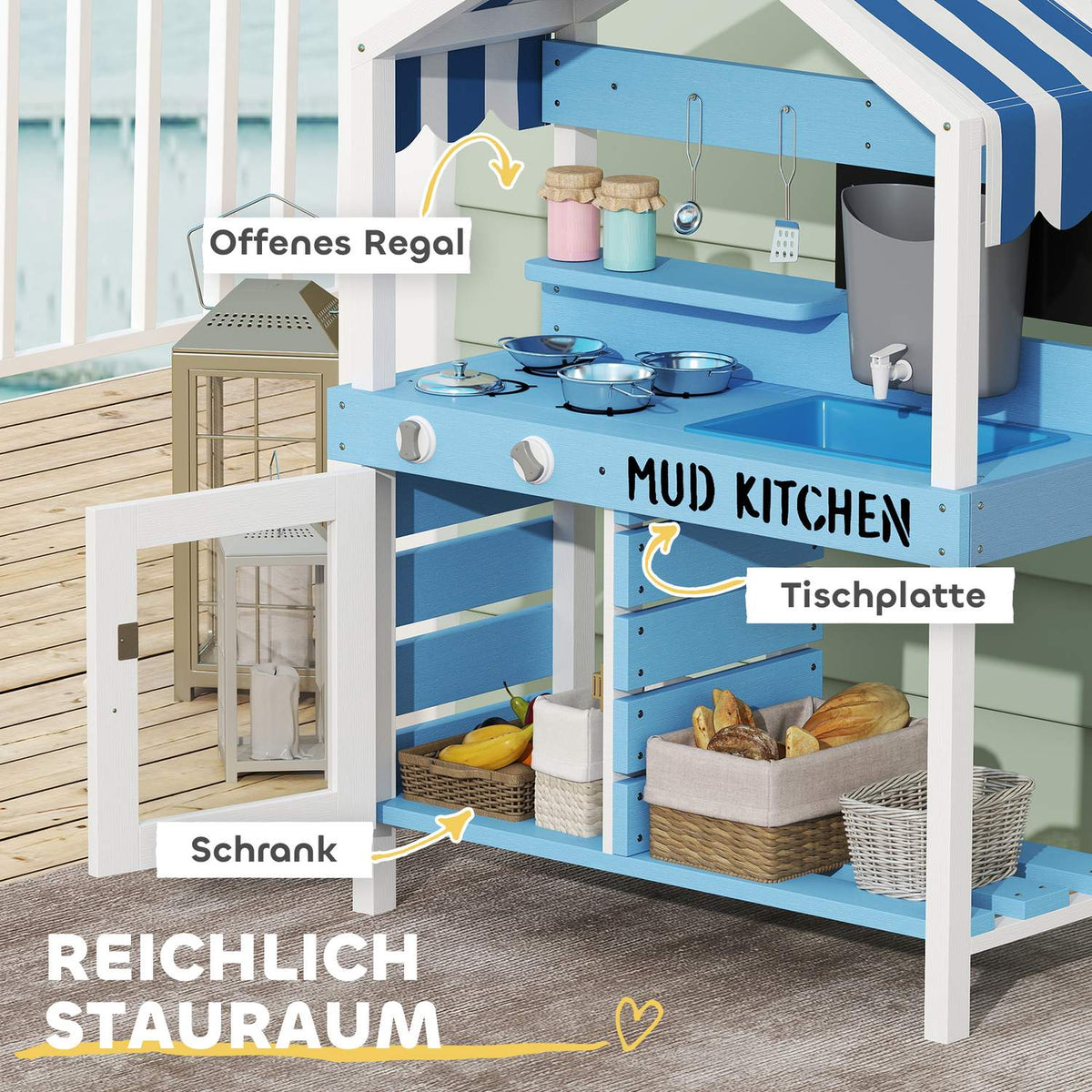 Mud Kitchen Children's Outdoor Garden Play Kitchen Made of Wood with Stove, Sink, Faucet, Storage Shelves, Cookware, Accessories, Play Kitchen for Children 3-7 Years Blue