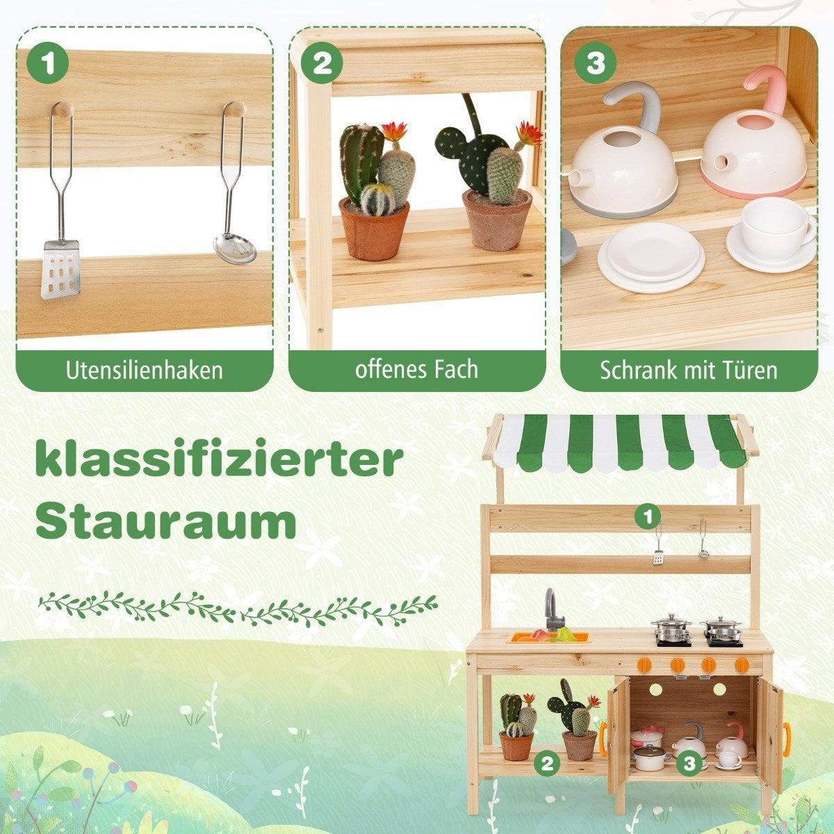 Mud kitchen children's outdoor children's kitchen fir wood with roof 88 x 39 x 117 cm natural
