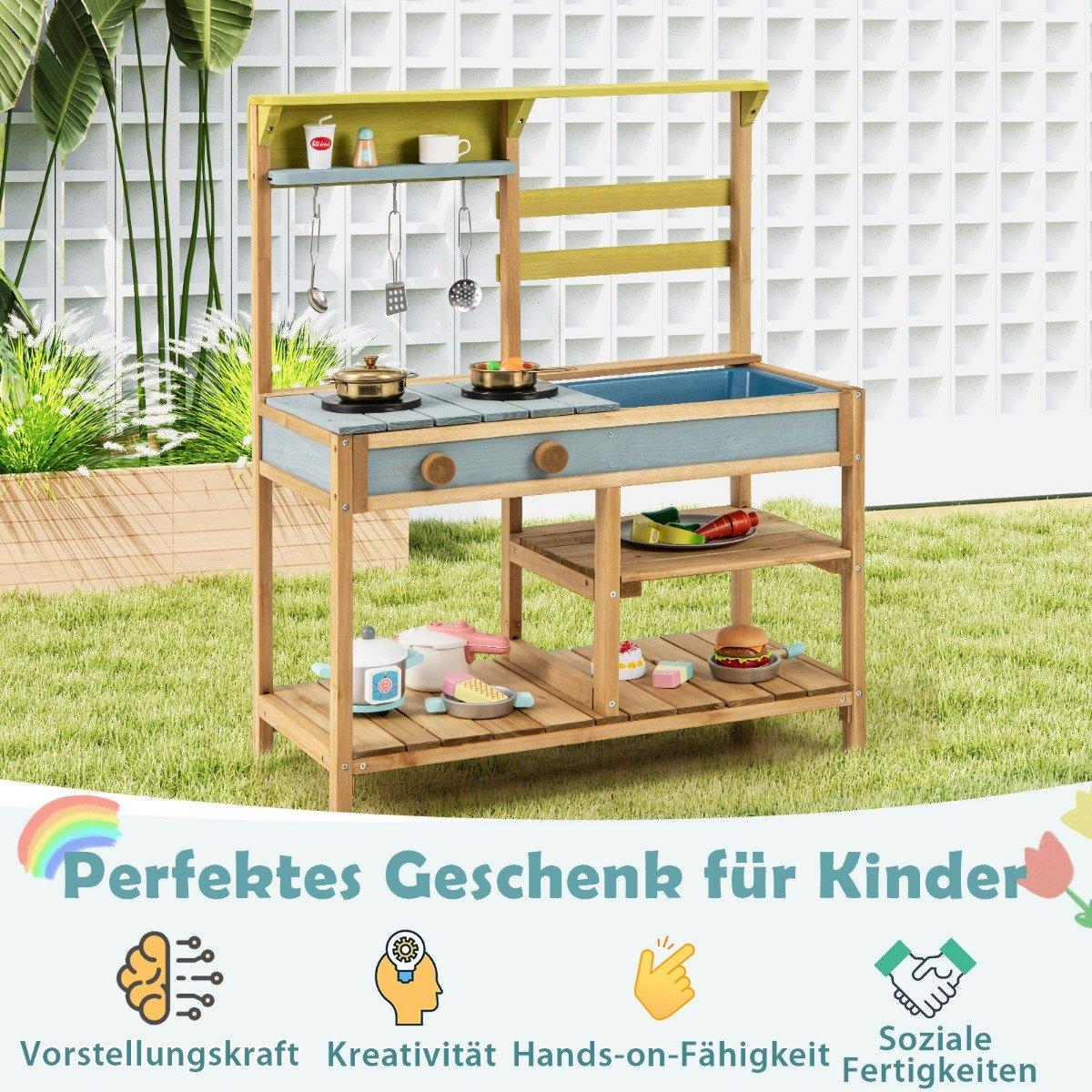 Mud kitchen children's play kitchen made of spruce wood with stove knobs &amp; Natural sink