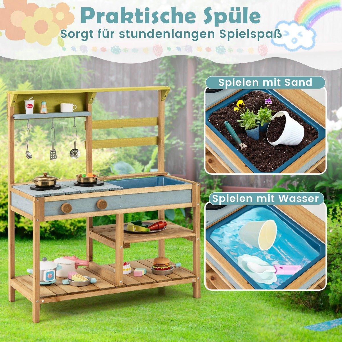 Mud kitchen children's play kitchen made of spruce wood with stove knobs &amp; Natural sink