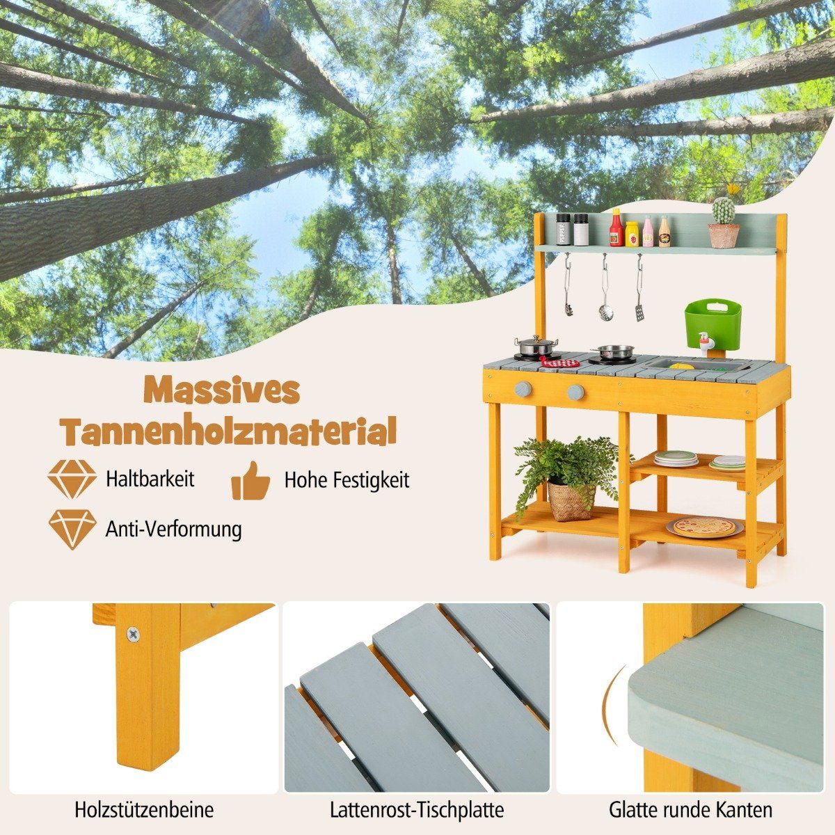 Mud kitchen for children, outdoor children's kitchen made of wood with water function, play kitchen with hooks and removable shelf, orange
