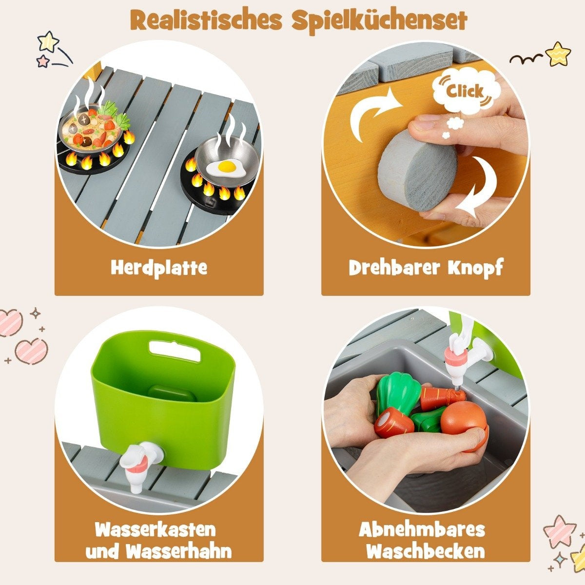 Mud kitchen for children, outdoor children's kitchen made of wood with water function, play kitchen with hooks and removable shelf, orange